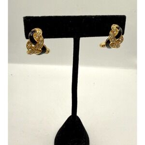 VTG Swarovski Gold Tone Black Enamel Rhinestone Half Hoop Pieced Earrings